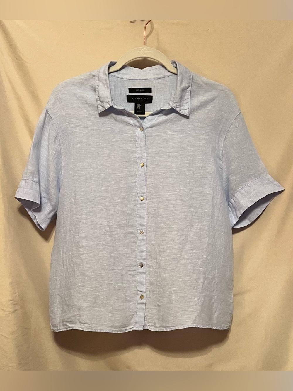 Tahari Light Blue Short-Sleeve Linen-Blend Button-Down Shirt